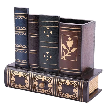 2X Višenamjenski Klasicni drveni držač za olovke u obliku knjige, drveni sanduk za uređenje doma, stolni kutija za pohranu olovke
