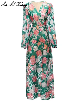 Seasixiang, moderan dizajn haljina ranoj jeseni, ženske haljine sa V-izrez i rukava-svjetiljku, s cvjetnim ispis, Vintage haljine s visokim strukom